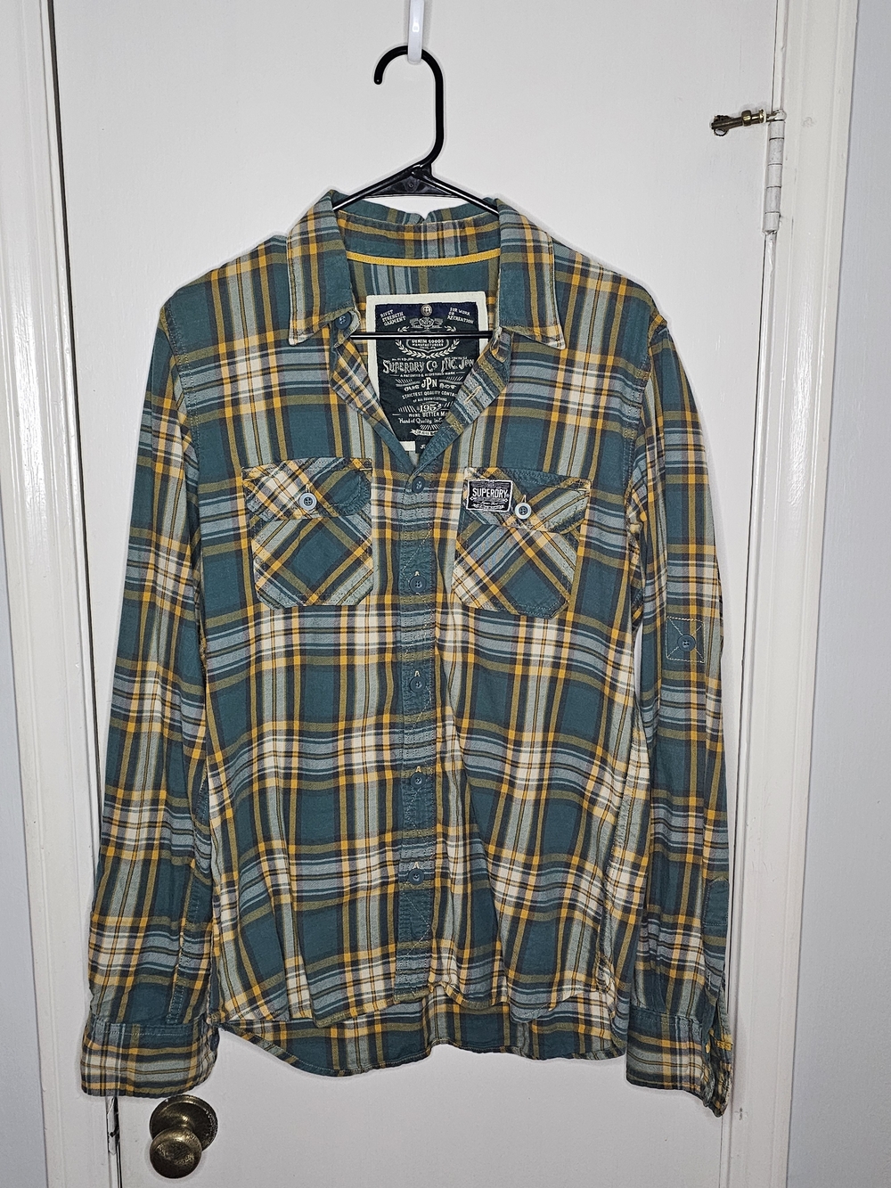 Superdry Japan Green & Yellow Plaid Button-Up Shirt Roll Tab Sleeves Super Dry
